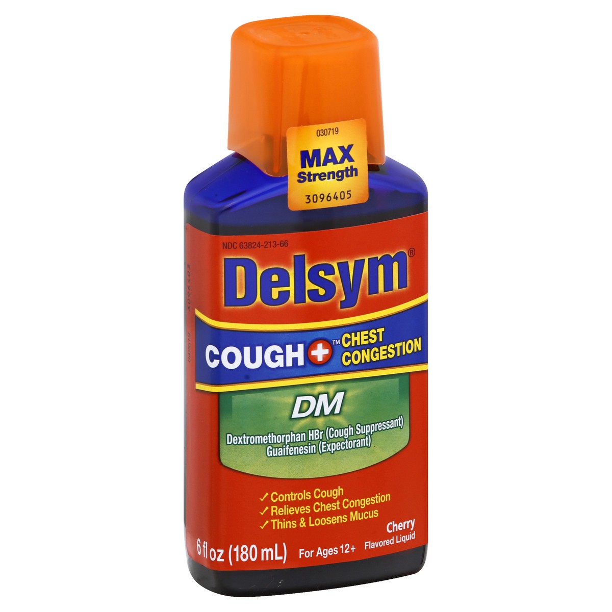 slide 9 of 9, Max Strength Delsym Cough Plus Chest Congestion DM Liquid, Cherry Flavor, 6 fl. oz. Relieves Cough, Chest Congestion, and Thins & Loosens Mucus, 6 oz