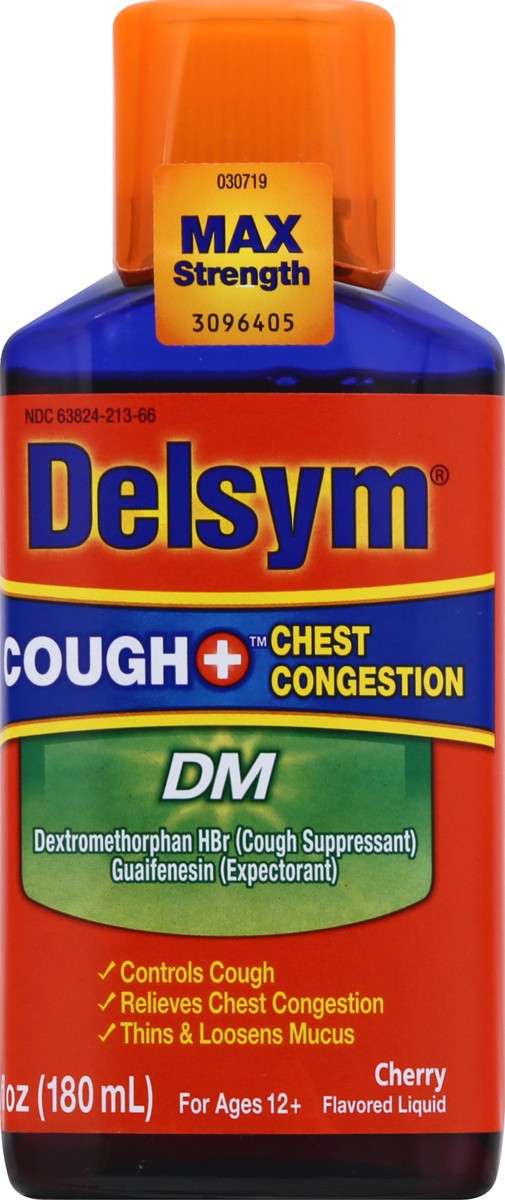 slide 7 of 9, Max Strength Delsym Cough Plus Chest Congestion DM Liquid, Cherry Flavor, 6 fl. oz. Relieves Cough, Chest Congestion, and Thins & Loosens Mucus, 6 oz