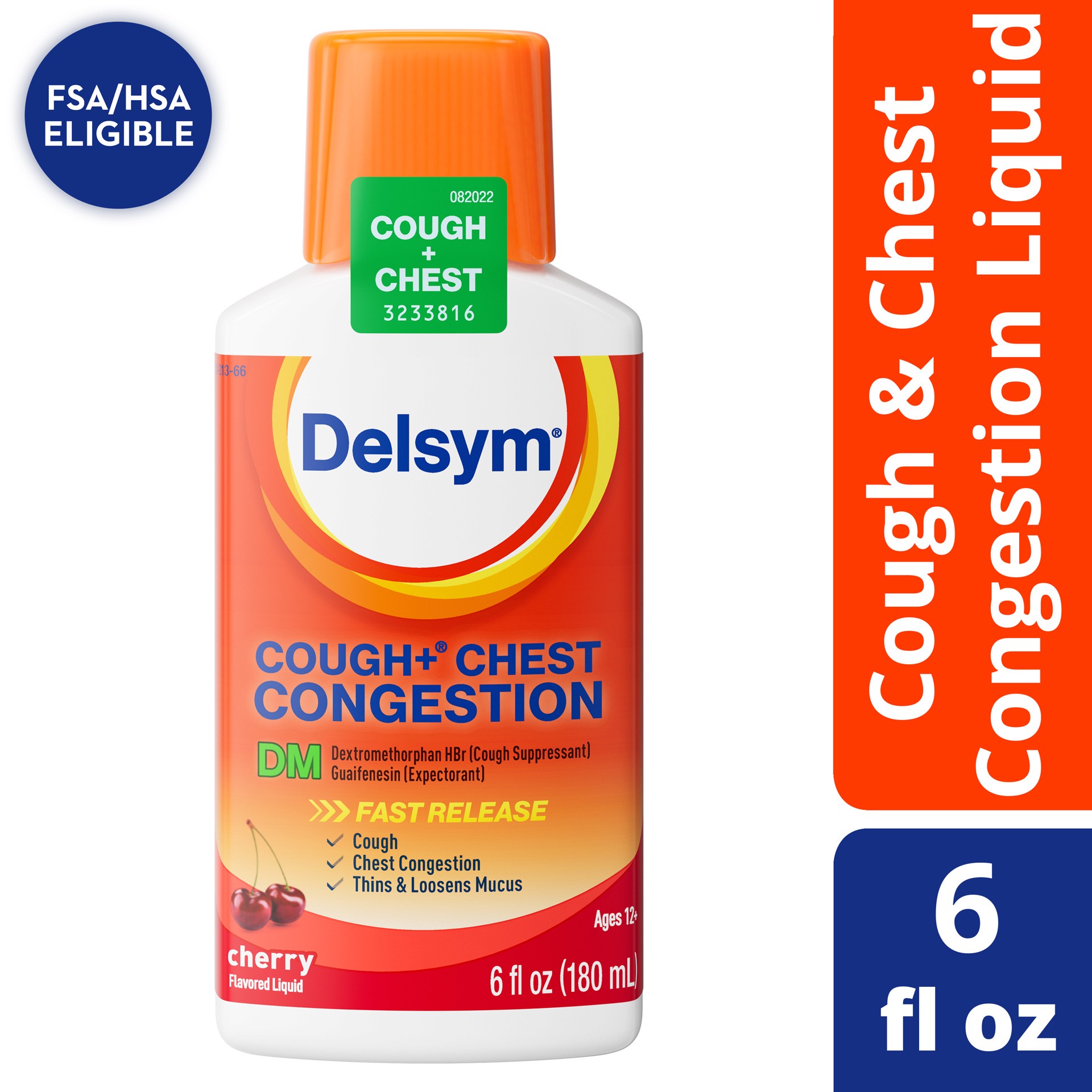 slide 1 of 9, Max Strength Delsym Cough Plus Chest Congestion DM Liquid, Cherry Flavor, 6 fl. oz. Relieves Cough, Chest Congestion, and Thins & Loosens Mucus, 6 oz