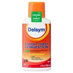 Max Strength Delsym Cough Plus Chest Congestion DM Liquid, Cherry Flavor, 6 fl. oz. Relieves Cough, Chest Congestion, and Thins & Loosens Mucus