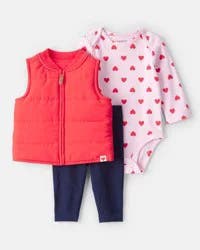 Carter's Baby Girl 3-Piece Puffer Vest Outfit Set - Red Orange 24M
