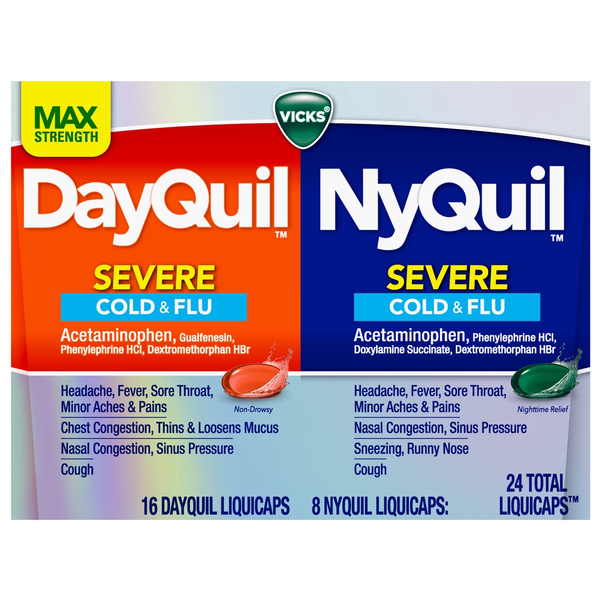 slide 1 of 13, Vicks DayQuil & NyQuil SEVERE Co-Pack, Cold & Flu Over-the-Counter Medicine, Powerful Relief for Headache, Fever, Sore Throat, Minor Aches and Pains, Nasal Congestion, Sinus Pressure, Stuffy Nose, and Cough, 24ct, 24 ct