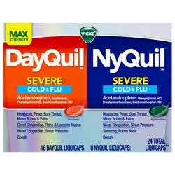 Vicks DayQuil & NyQuil SEVERE Combo Pack, Cold & Flu, Maximum Strength Relief for Headache, Fever, Sore Throat, Minor Aches and Pains, Nasal Congestion, Sinus Pressure, Stuffy Nose, and Cough, 24 Count, 16 DayQuil, 8 NyQuil