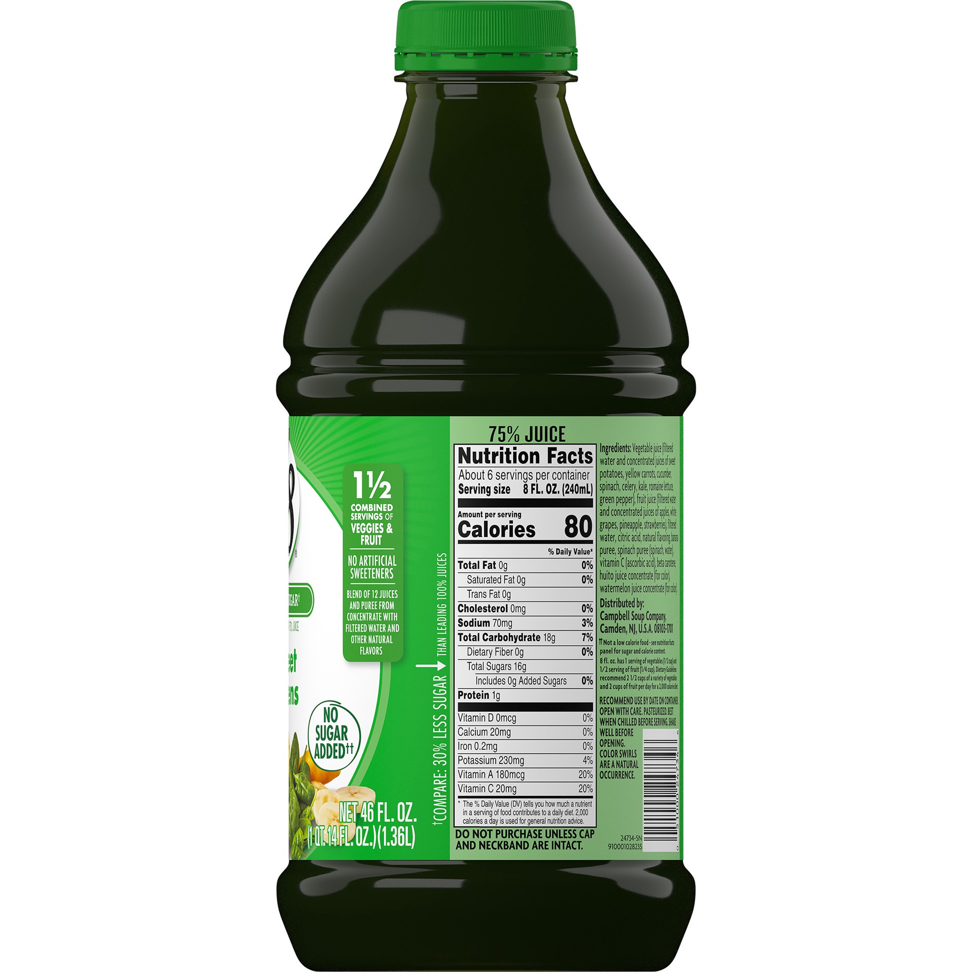 slide 2 of 5, V8 Lower Sugar Sweet Greens Juice 46 fl oz Bottle, 46 fl oz