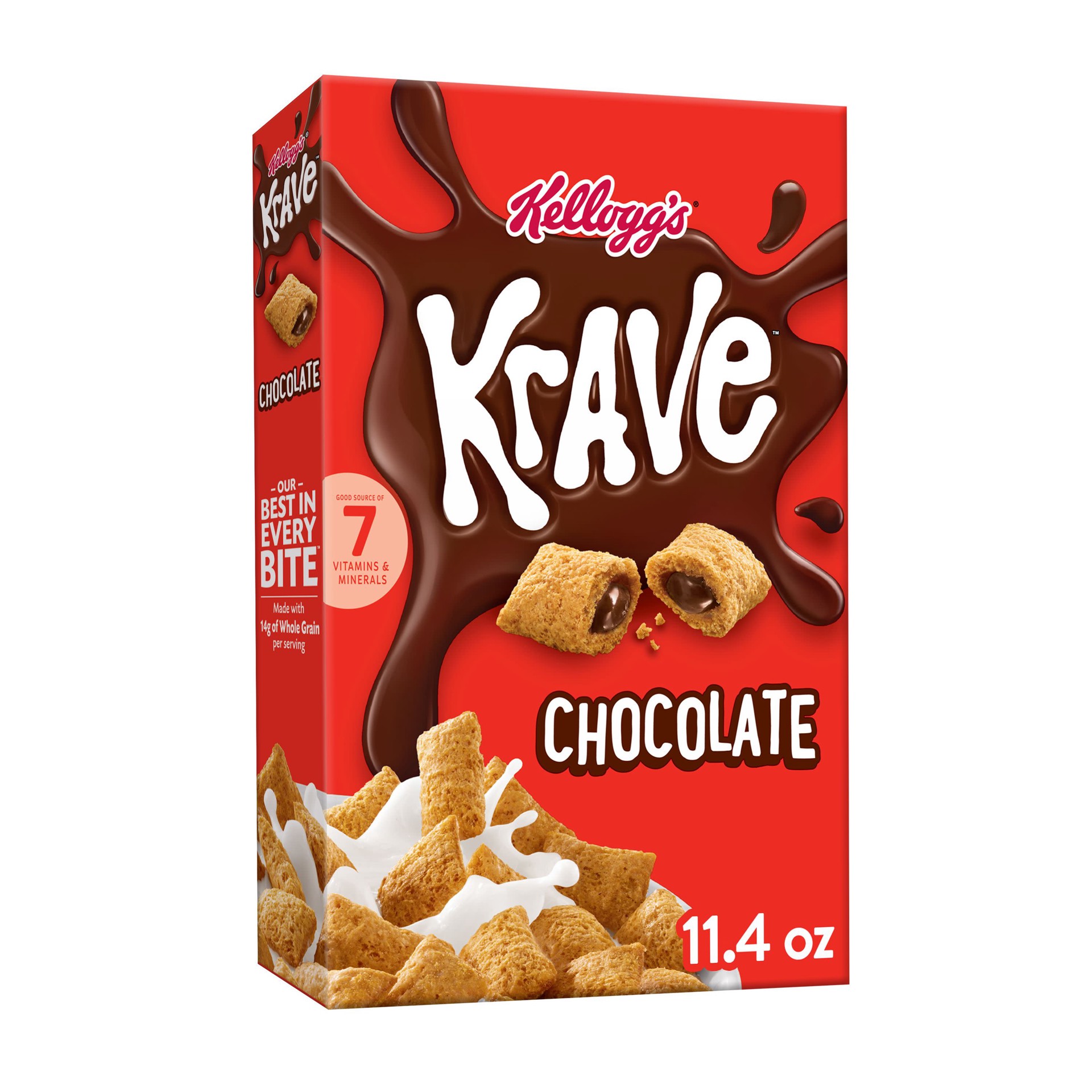 slide 1 of 8, Krave Kellogg's Krave Breakfast Cold Cereal, 7 Vitamins and Minerals, Made with Whole Grain, Chocolate, 11.4oz Box, 1 Box, 11.4 oz