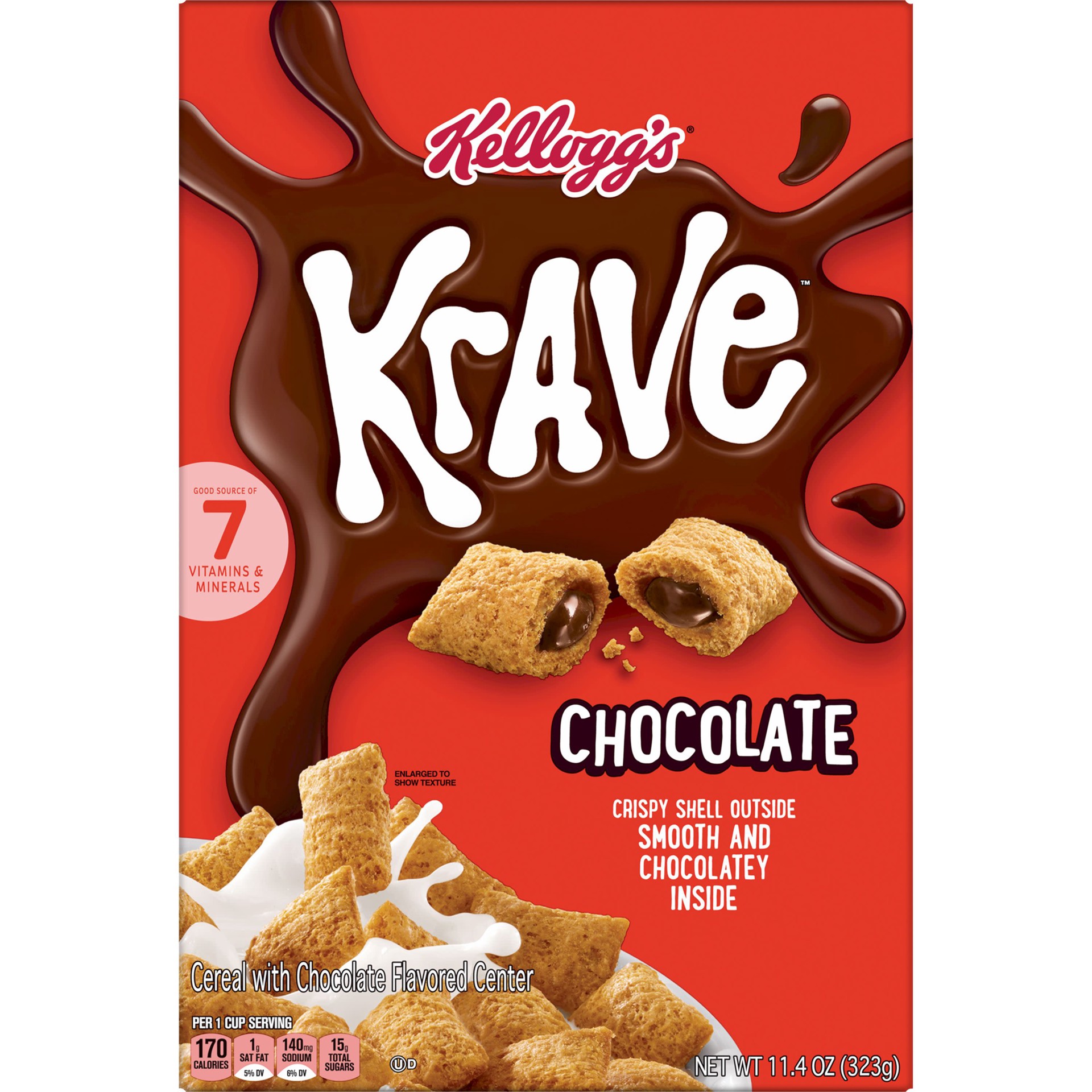 slide 1 of 7, Krave Kellogg's Krave Cold Breakfast Cereal, 7 Vitamins and Minerals, Made with Whole Grain, Chocolate, 11.4 oz