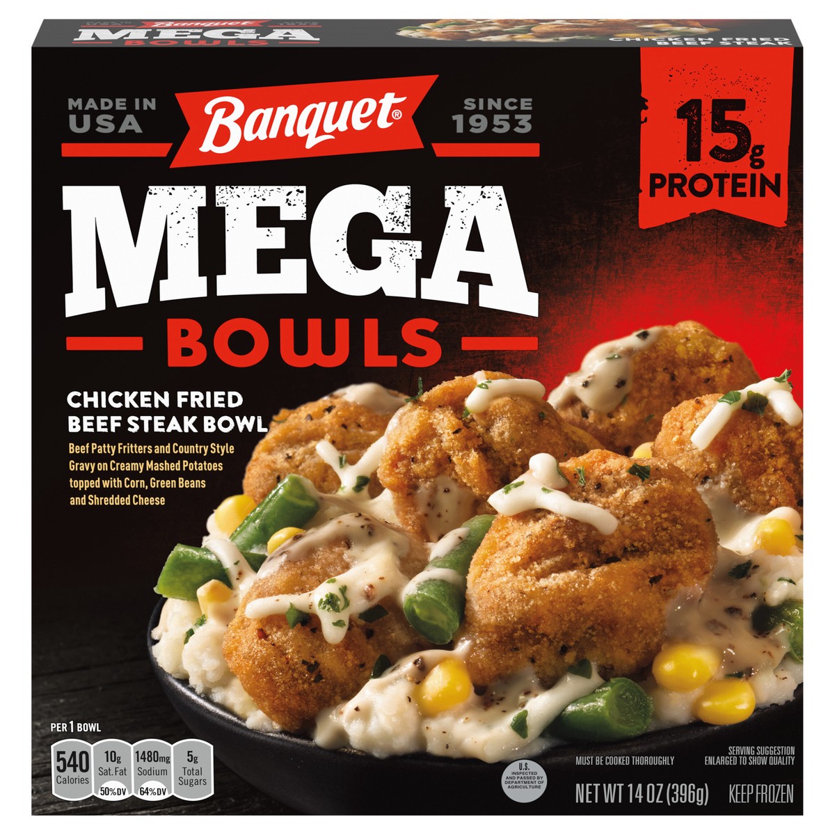 slide 1 of 5, Banquet Mega Bowls Chicken Fried Beef Steak Frozen Dinner, 14 Ounce, 14 oz