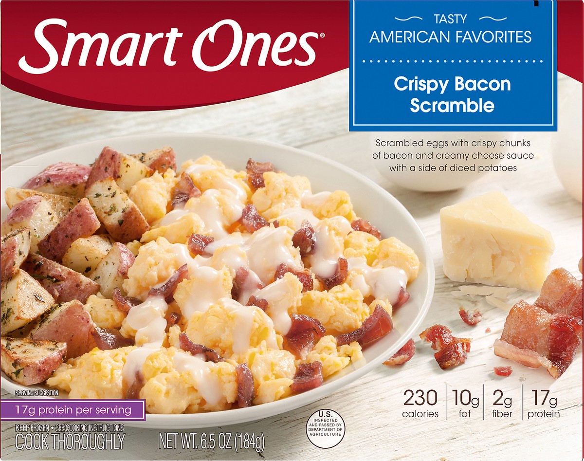 slide 4 of 14, Smart Ones Crispy Bacon Scramble with Eggs, Creamy Cheese Sauce & Potatoes Frozen Meal, 6.5 oz Box, 6.5 oz