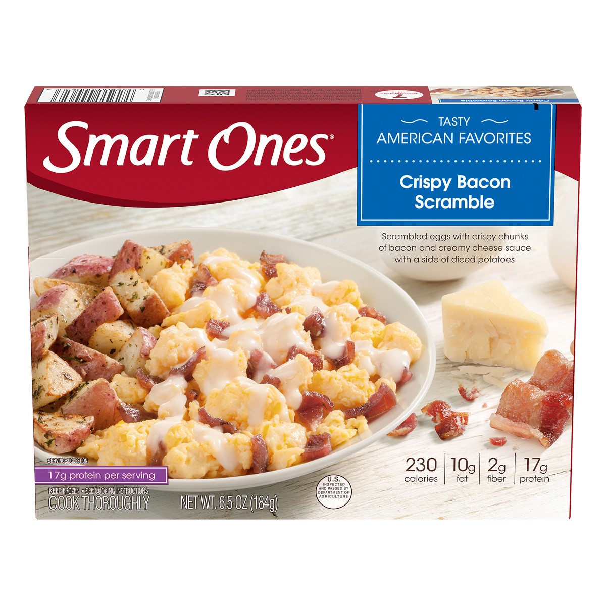 slide 9 of 14, Smart Ones Crispy Bacon Scramble with Eggs, Creamy Cheese Sauce & Potatoes Frozen Meal, 6.5 oz Box, 6.5 oz