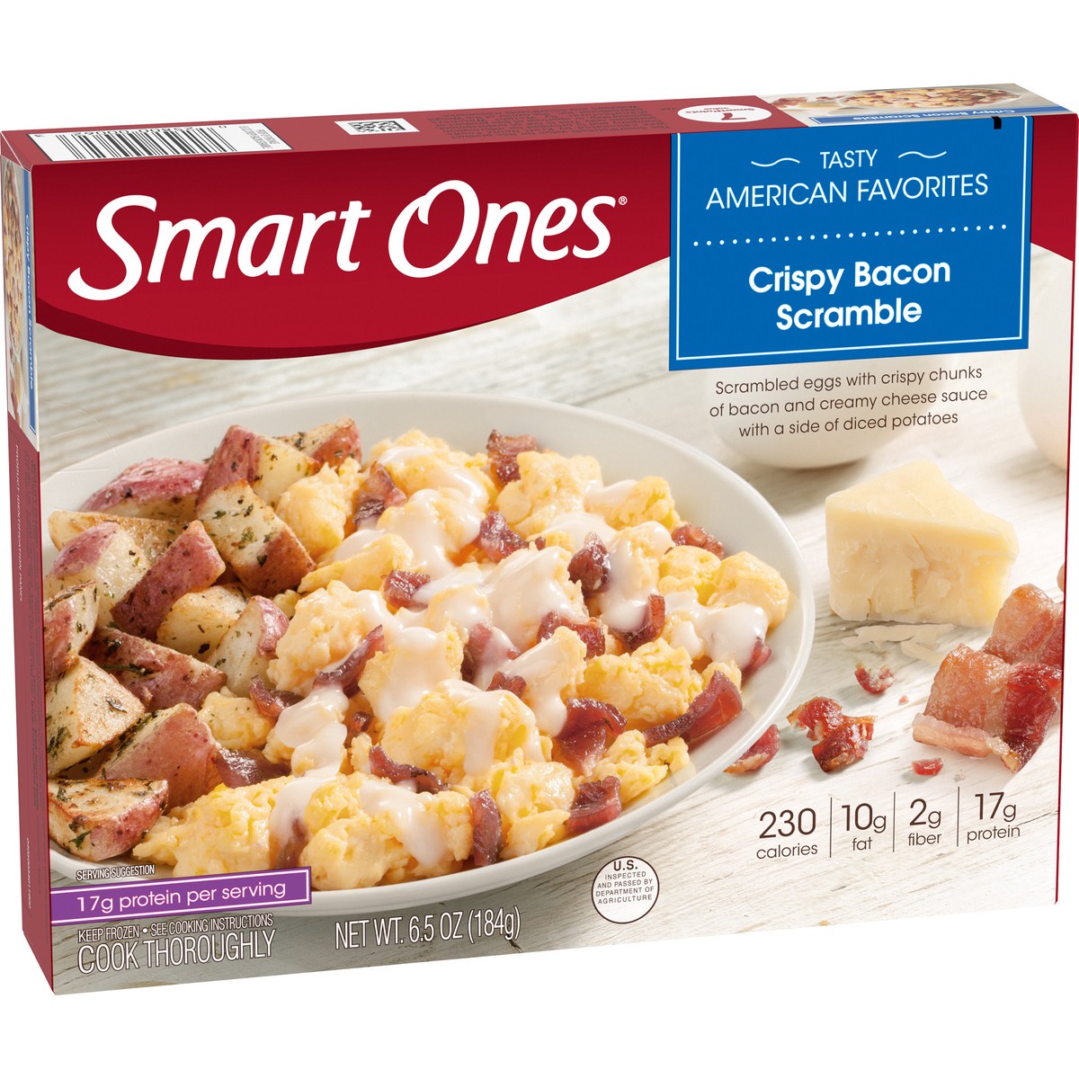 slide 3 of 14, Smart Ones Crispy Bacon Scramble with Eggs, Creamy Cheese Sauce & Potatoes Frozen Meal, 6.5 oz Box, 6.5 oz