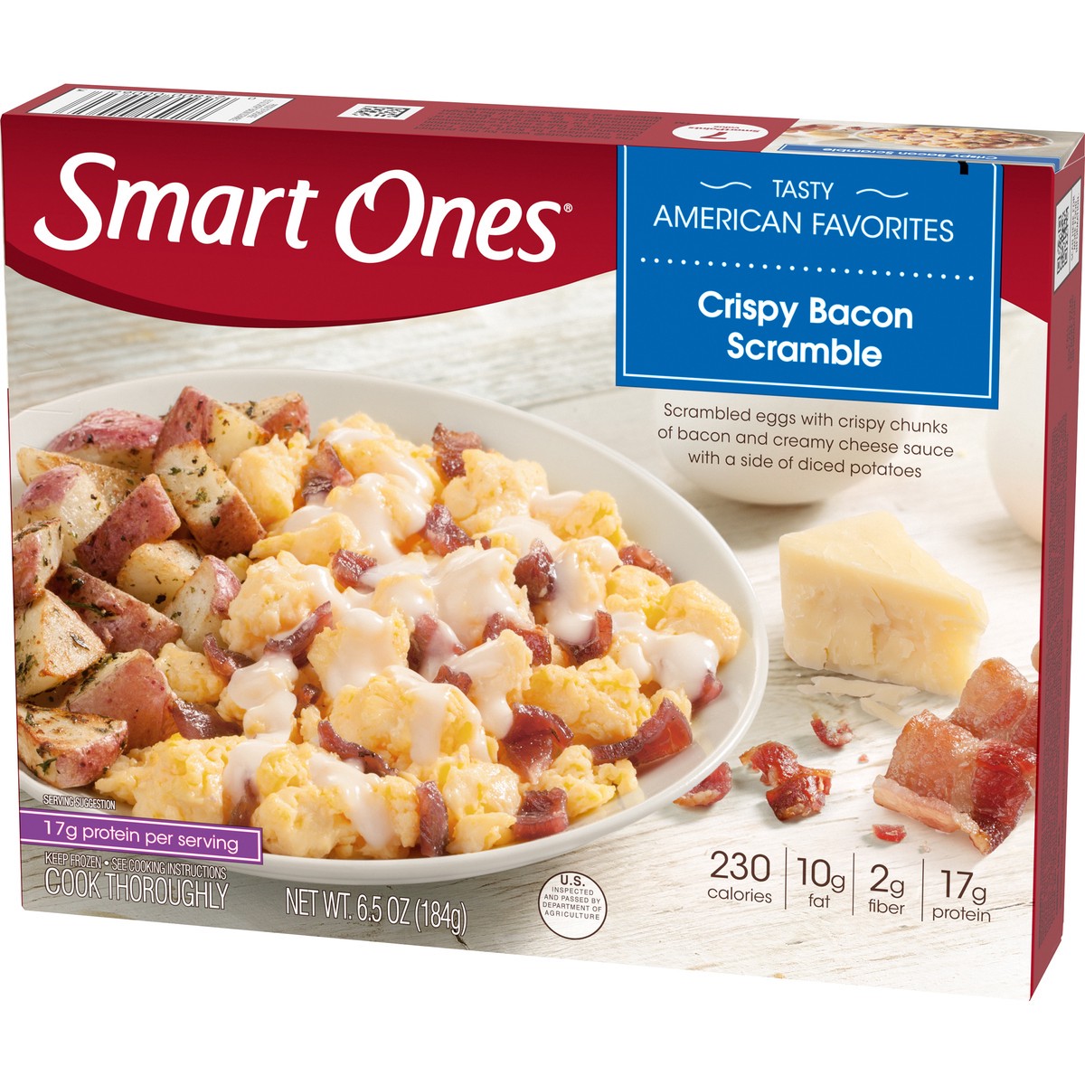 slide 10 of 14, Smart Ones Crispy Bacon Scramble with Eggs, Creamy Cheese Sauce & Potatoes Frozen Meal, 6.5 oz Box, 6.5 oz