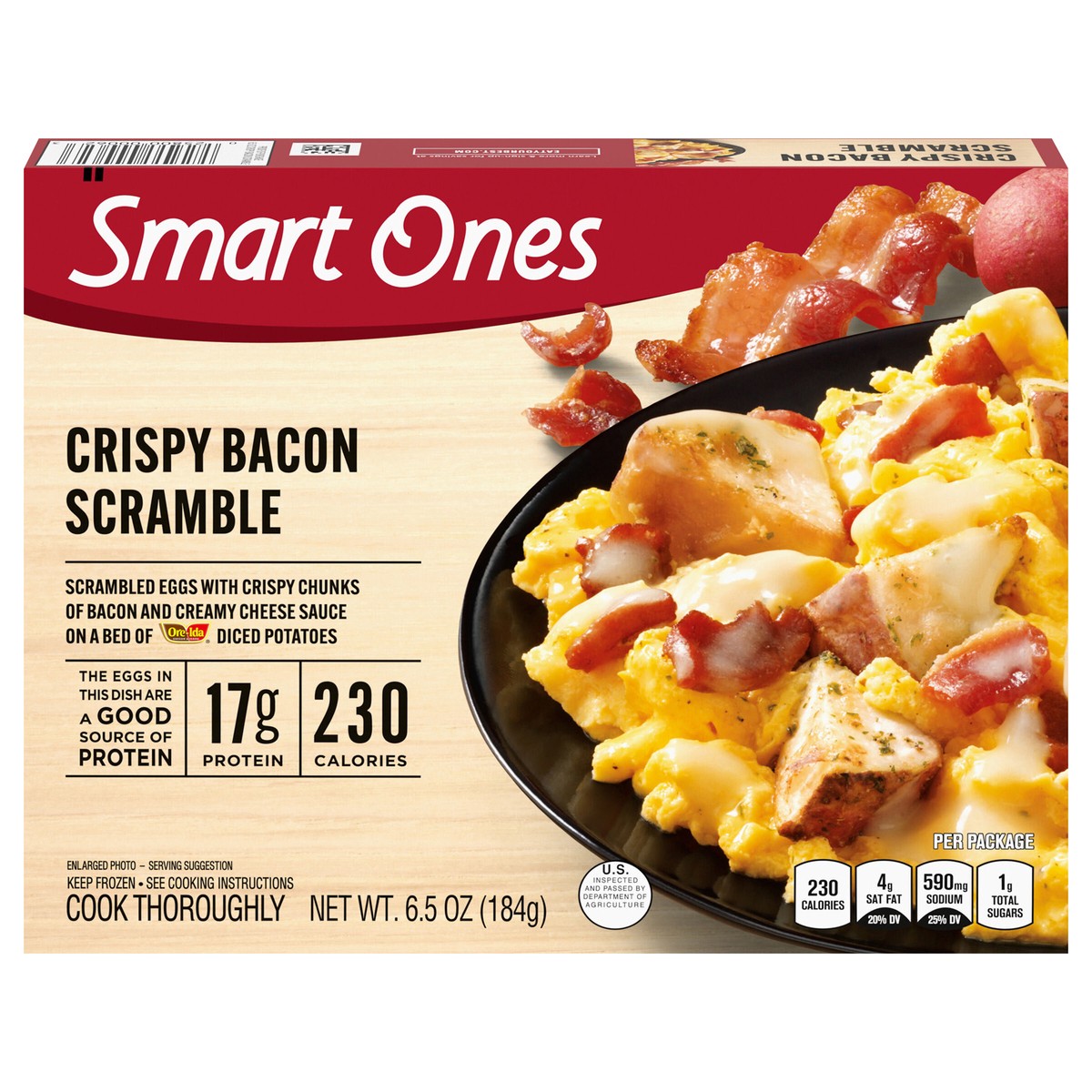 slide 1 of 14, Smart Ones Crispy Bacon Scramble with Eggs, Creamy Cheese Sauce & Potatoes Frozen Meal, 6.5 oz Box, 6.5 oz