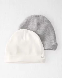 Littleplanet Baby 2-Pack Organic Cotton Rib Caps Grey, Sweet Cream 3-9M
