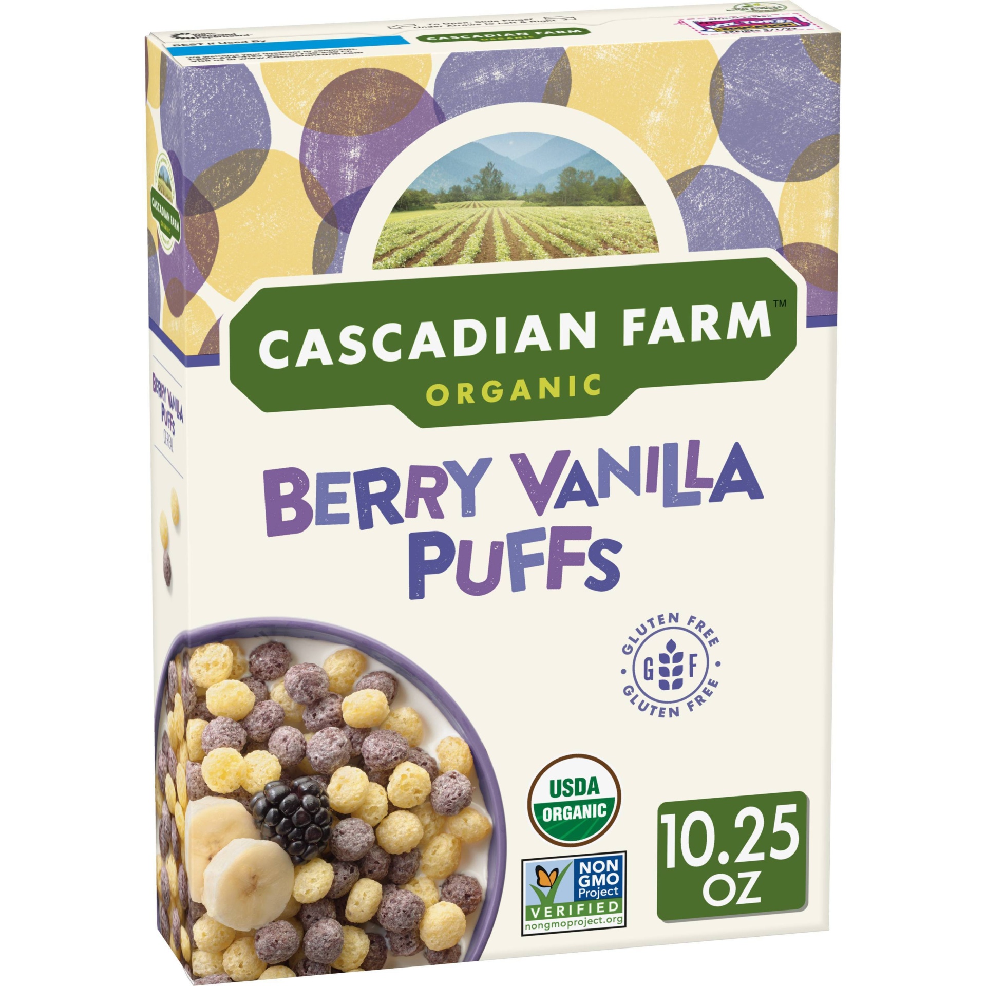 slide 1 of 4, Cascadian Farm Organic Gluten Free Berry Vanilla Puffs Cereal, 10.25 oz