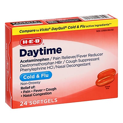 slide 1 of 1, H-E-B Day Time Liquid Caps Multi-symptom Cold/Flu Relief Softgels, 24 ct