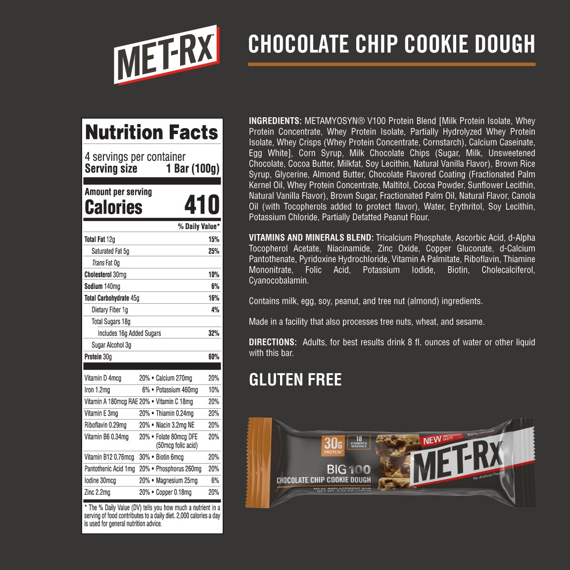 slide 2 of 7, Met-Rx Big 100 Meal Replacement Bar, Chocolate Chip Cookie Dough, 4 ct