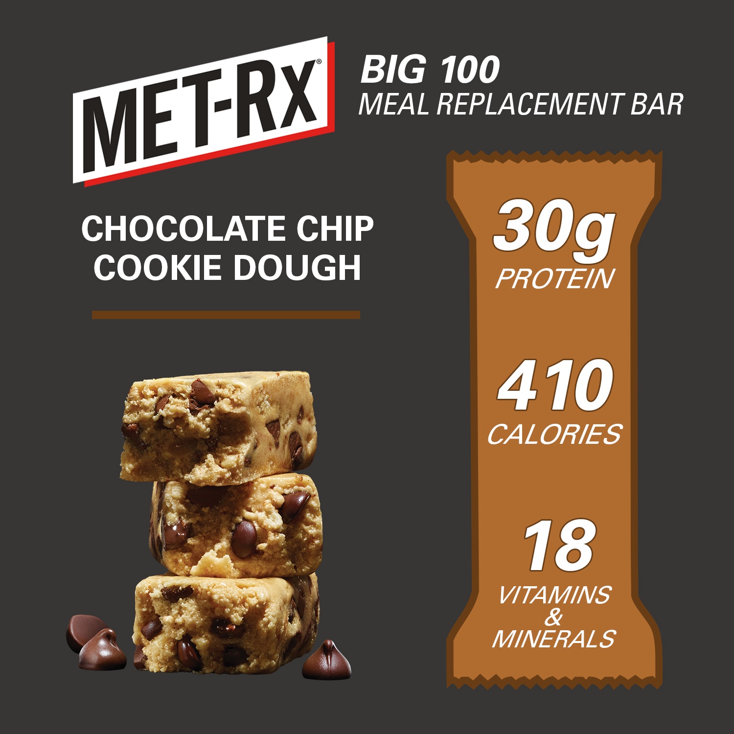 slide 3 of 7, Met-Rx Big 100 Meal Replacement Bar, Chocolate Chip Cookie Dough, 4 ct