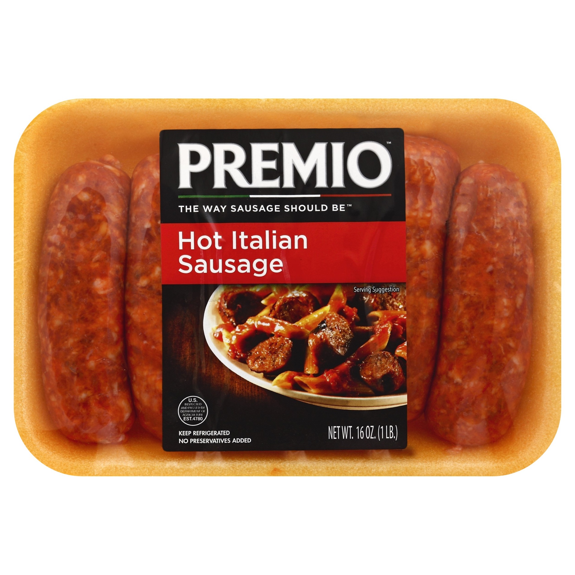 slide 1 of 1, Premio™ hot Italian sausage, 16 oz