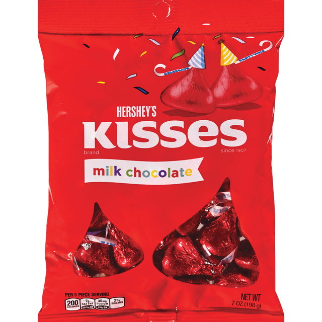 slide 1 of 1, Hershey's Milk Chocolate Kisses Birthday With Red Foils Peg Bag, 7 oz
