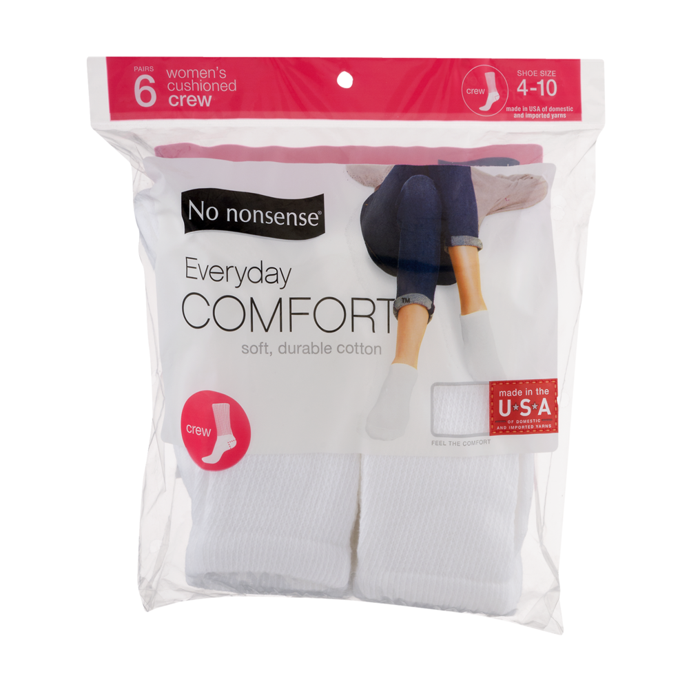 slide 1 of 3, No Nonsense Everyday Comfort Womens Cushioned Crew Socks Size 4-10, 6 ct