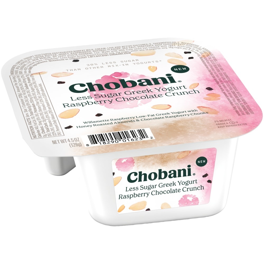 slide 1 of 7, Chobani Less Sugar Raspberry Chocolate Crunch Low-Fat Greek Yogurt, 4.5 oz