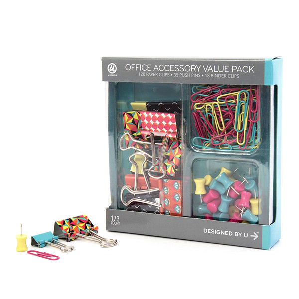 slide 1 of 1, U Brands Binder Clips Paper Clips and Push Pins Value Pack, Pop Spring Fashion Colors, 173 ct