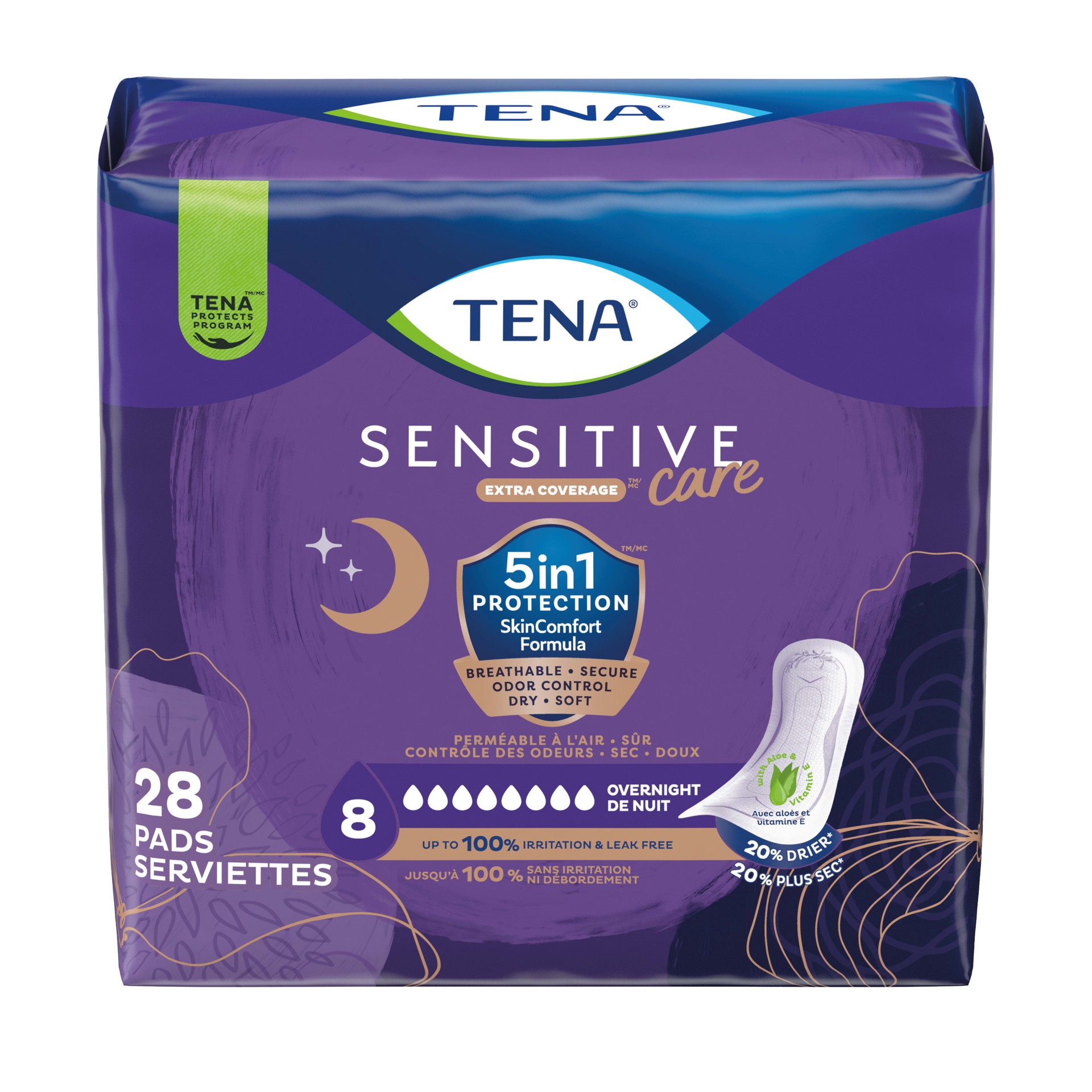slide 1 of 5, Tena Women's Overnight Absorbency Incontinence Pads for Bladder Control & Postpartum - Sensitive Care, 28 Count, 28 ct