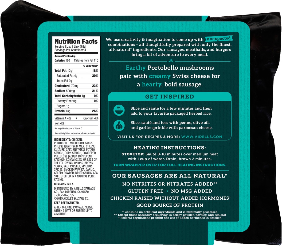slide 2 of 5, Aidells Smoked Chicken Sausage, Portobello & Swiss Cheese, 12 oz. (4 Fully Cooked Links), 340.19 g