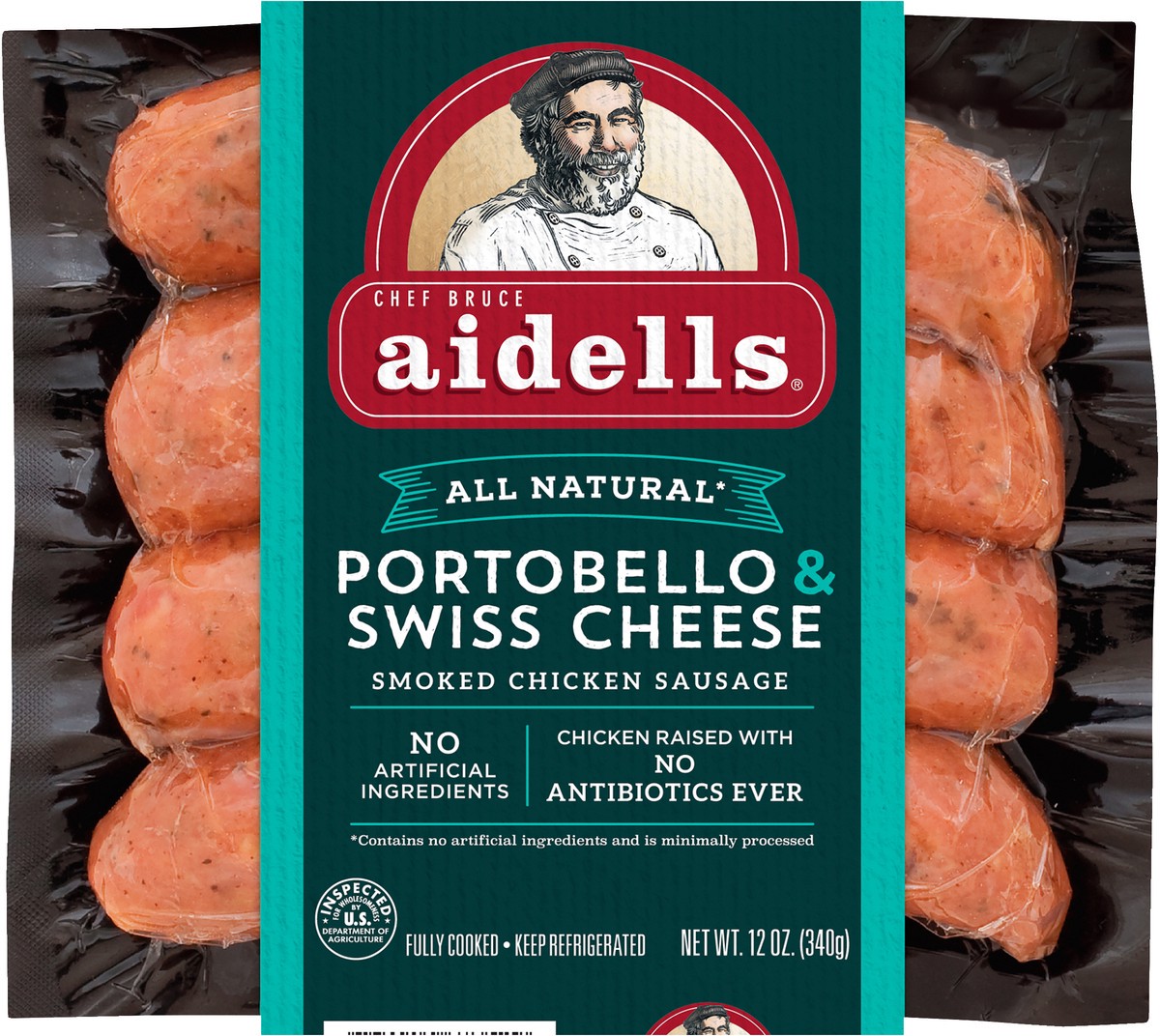 slide 3 of 5, Aidells Smoked Chicken Sausage, Portobello & Swiss Cheese, 12 oz. (4 Fully Cooked Links), 340.19 g