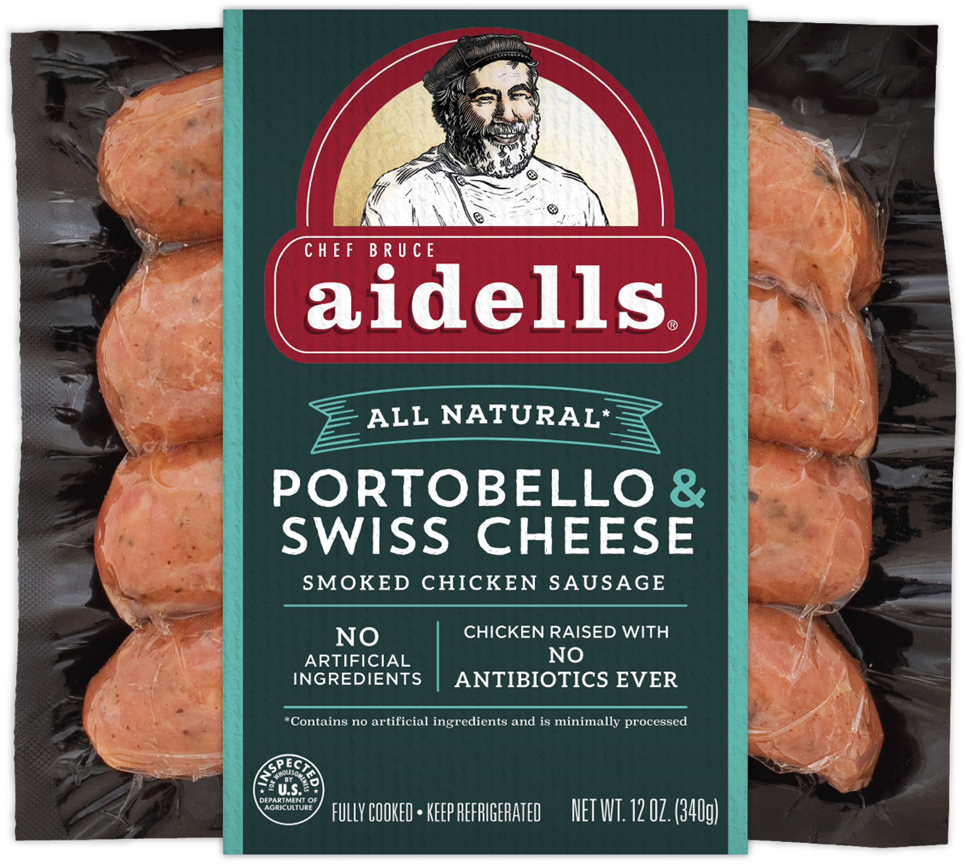 slide 1 of 1, Aidells Smoked Chicken Sausage, Portobello & Swiss Cheese, 12 oz. (4 Fully Cooked Links), 340.19 g