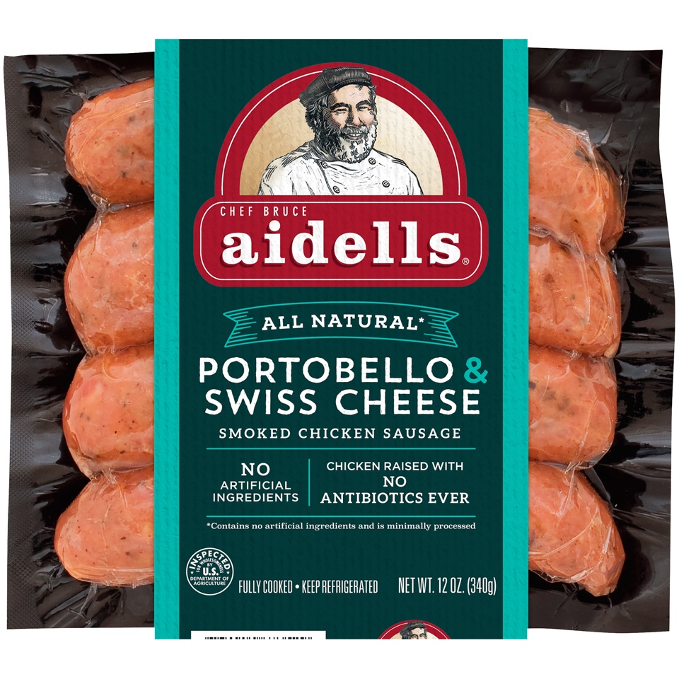 slide 1 of 4, Aidells Portabello & Swiss Cheese Smoked Chicken Sausage, 12 oz
