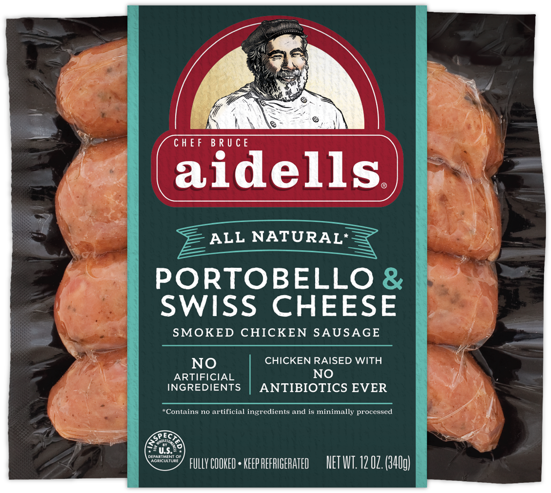 slide 1 of 5, Aidells Smoked Chicken Sausage, Portobello & Swiss Cheese, 12 oz. (4 Fully Cooked Links), 340.19 g