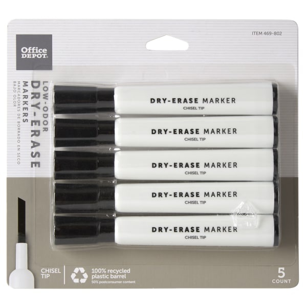 slide 1 of 2, Office Depot Brand 100% Recycled Low-Odor Dry-Erase Markers, Chisel Point, Black, Pack Of 5, 5 ct