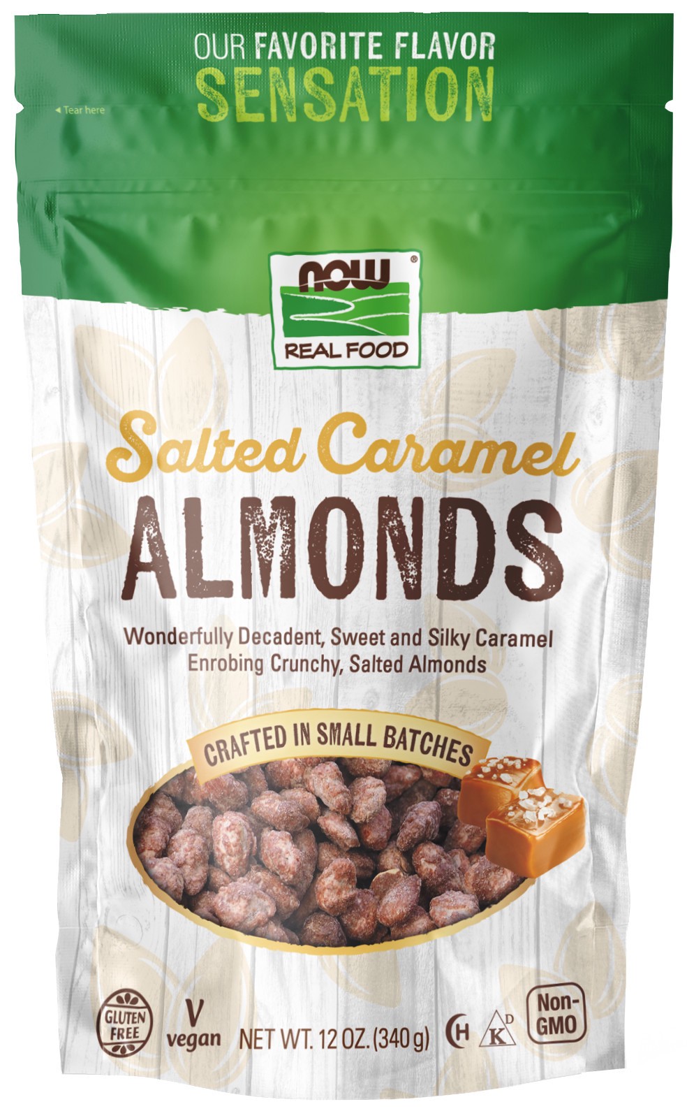 slide 1 of 8, NOW Natural Foods Almonds, Salted Caramel - 12 oz., 12 oz