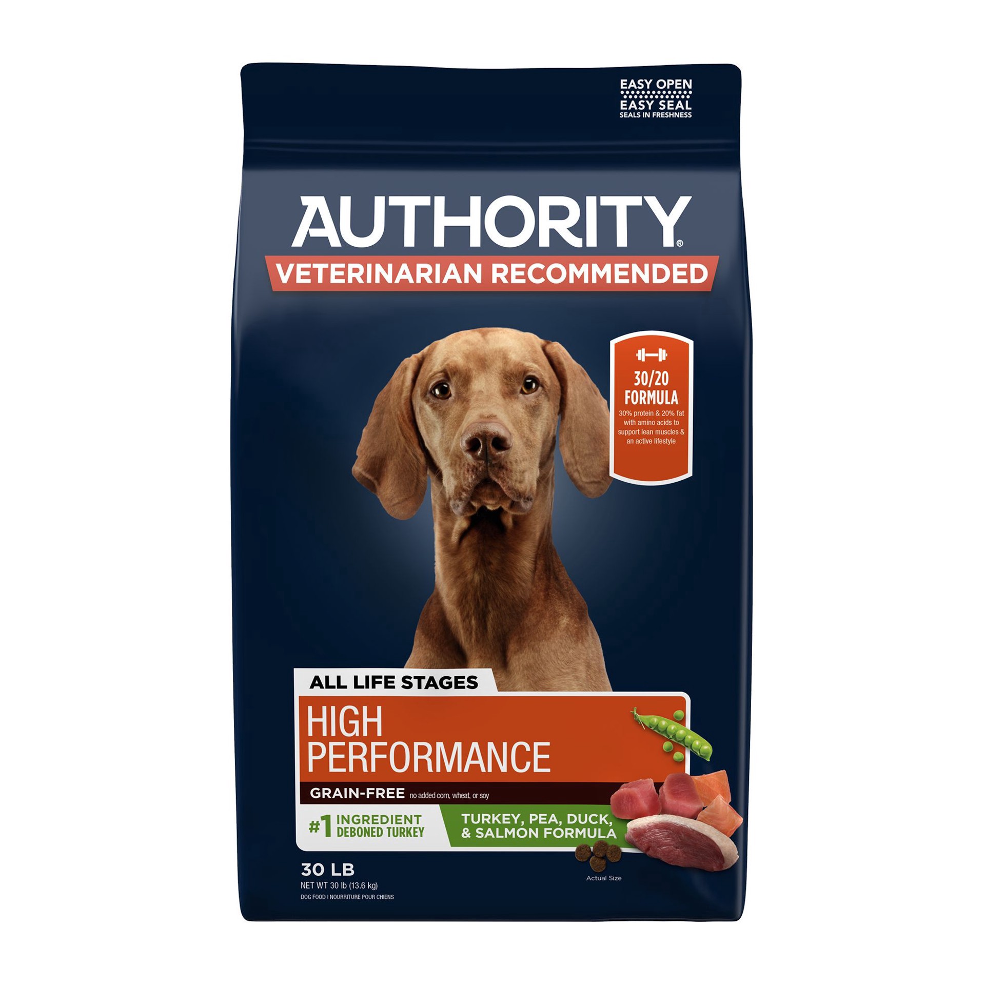 slide 1 of 1, Authority High Performance All Life Stages Dry Dog Food - Turkey, Pea, Salmon, & Duck, 30 lb, 30 lb