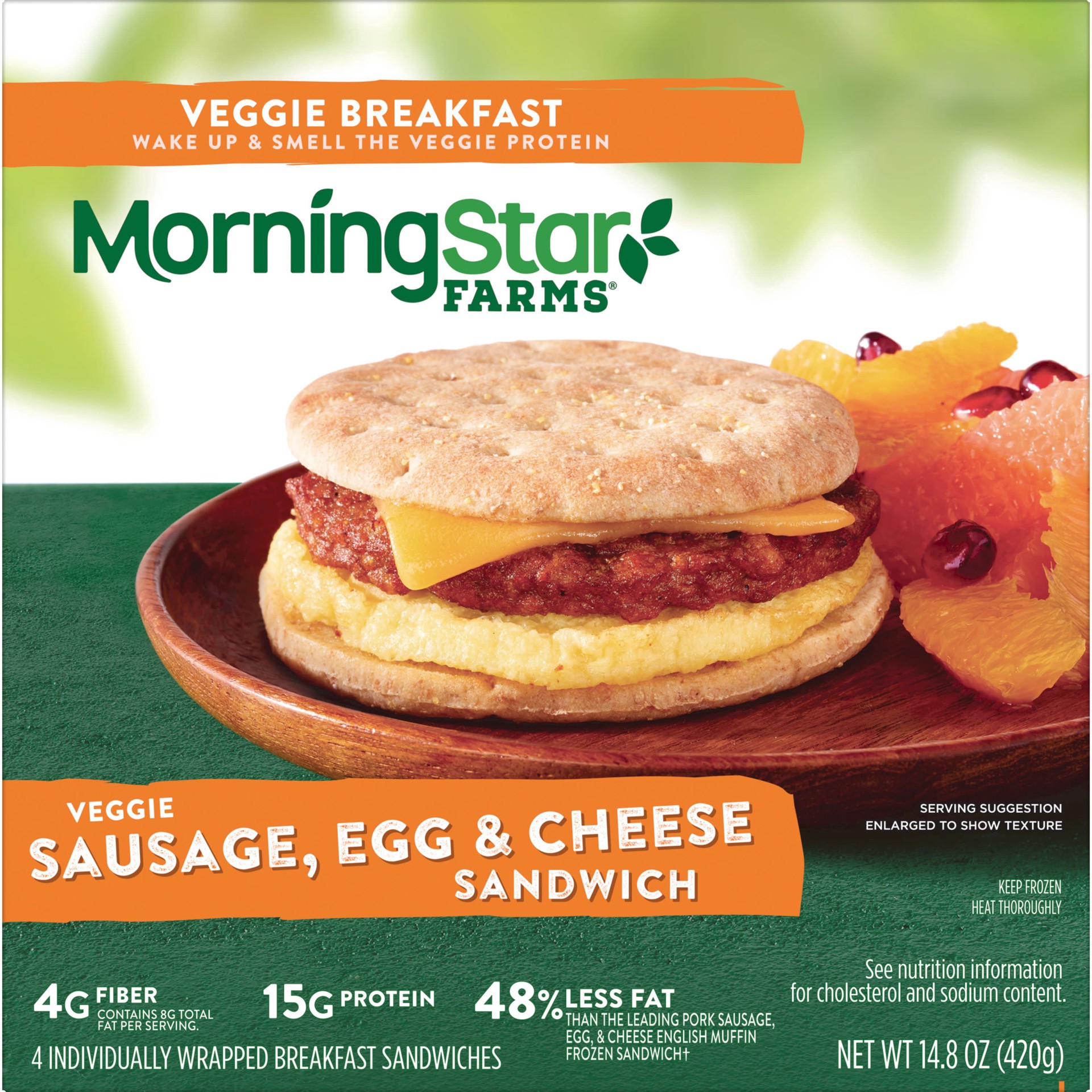 slide 1 of 7, MorningStar Farms Veggie Breakfast Frozen Breakfast Sandwiches, Meatless Sausage, Egg, Cheese, 14.8 oz, 4 Count, Frozen, 14.8 oz