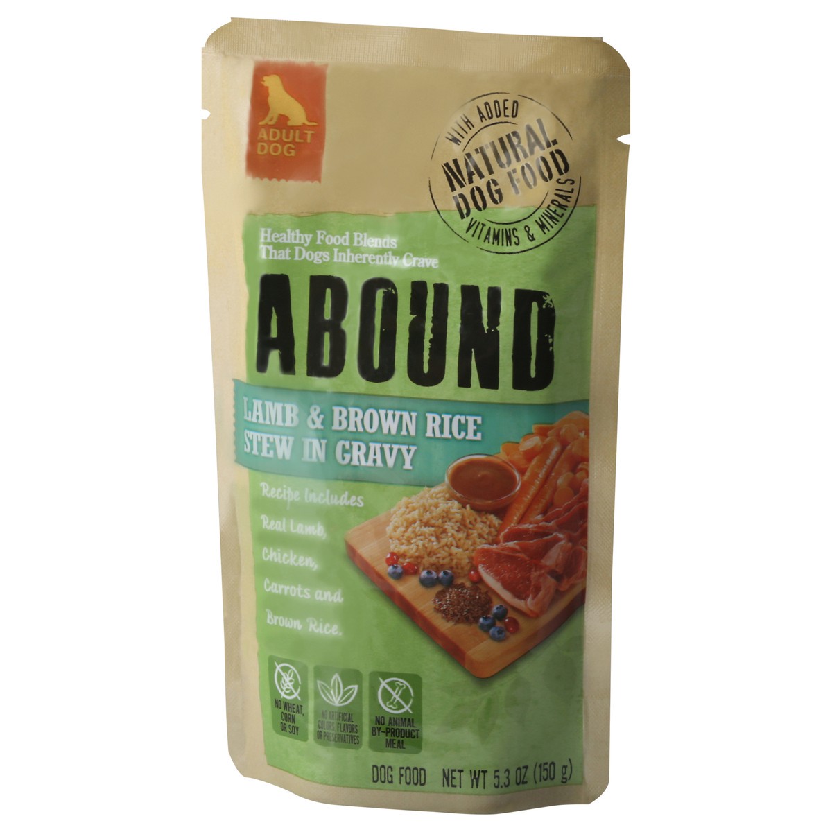 slide 3 of 9, Abound Natural Lamb & Brown Rice Stew in Gravy Adult Dog Food 5.3 oz Pouch, 5.3 oz