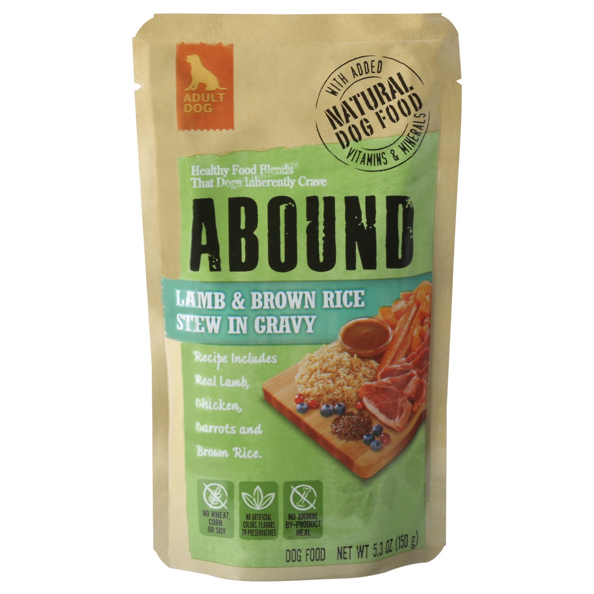 slide 1 of 9, Abound Natural Lamb & Brown Rice Stew in Gravy Adult Dog Food 5.3 oz Pouch, 5.3 oz
