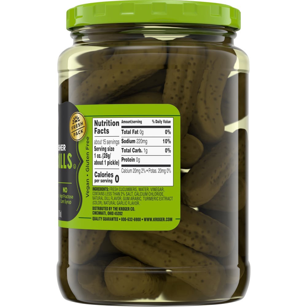 slide 3 of 6, Kroger Whole Kosher Dill Cocktail Pickles, 24 fl oz