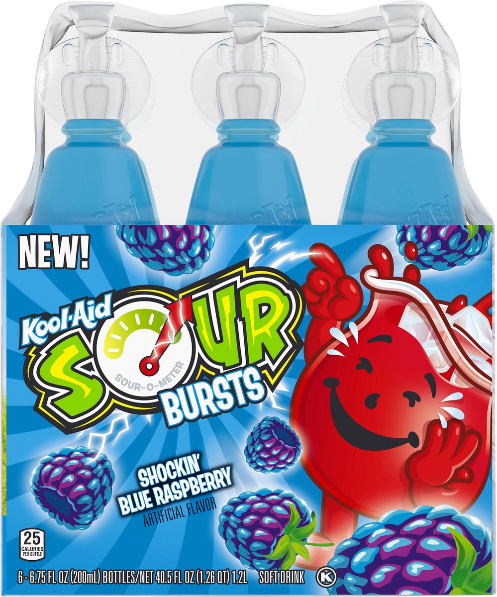 slide 4 of 14, Kool-Aid Sour Bursts Shockin' Blue Raspberry Soft Drinks 6-6.75 fl. oz. Bottles, 40.50 fl oz