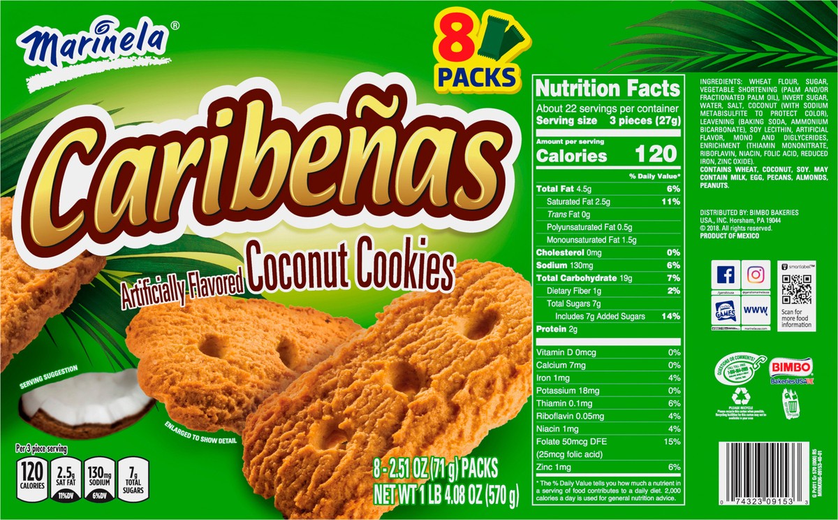 slide 4 of 9, Marinela Caribeñas Coconut Cookies, 8 packs, Cookies, 20.08 oz Multipack, 8 ct