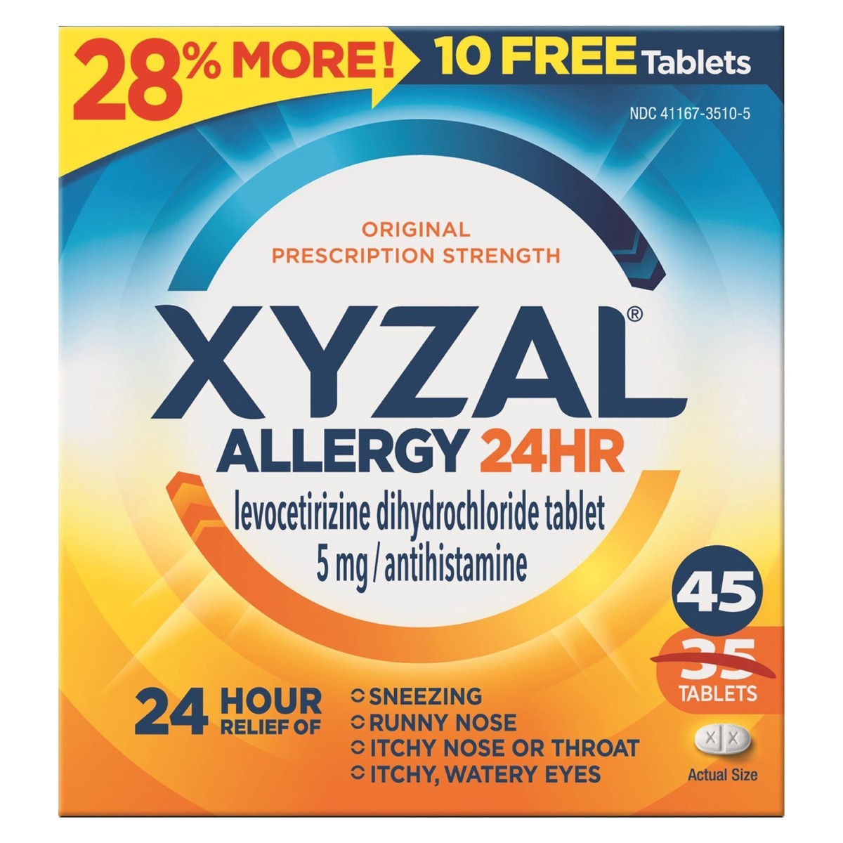 slide 9 of 11, Xyzal Allergy Tablets 24-Hour Allergy Relief, Original Prescription Strength, 45-Count, 45 ct