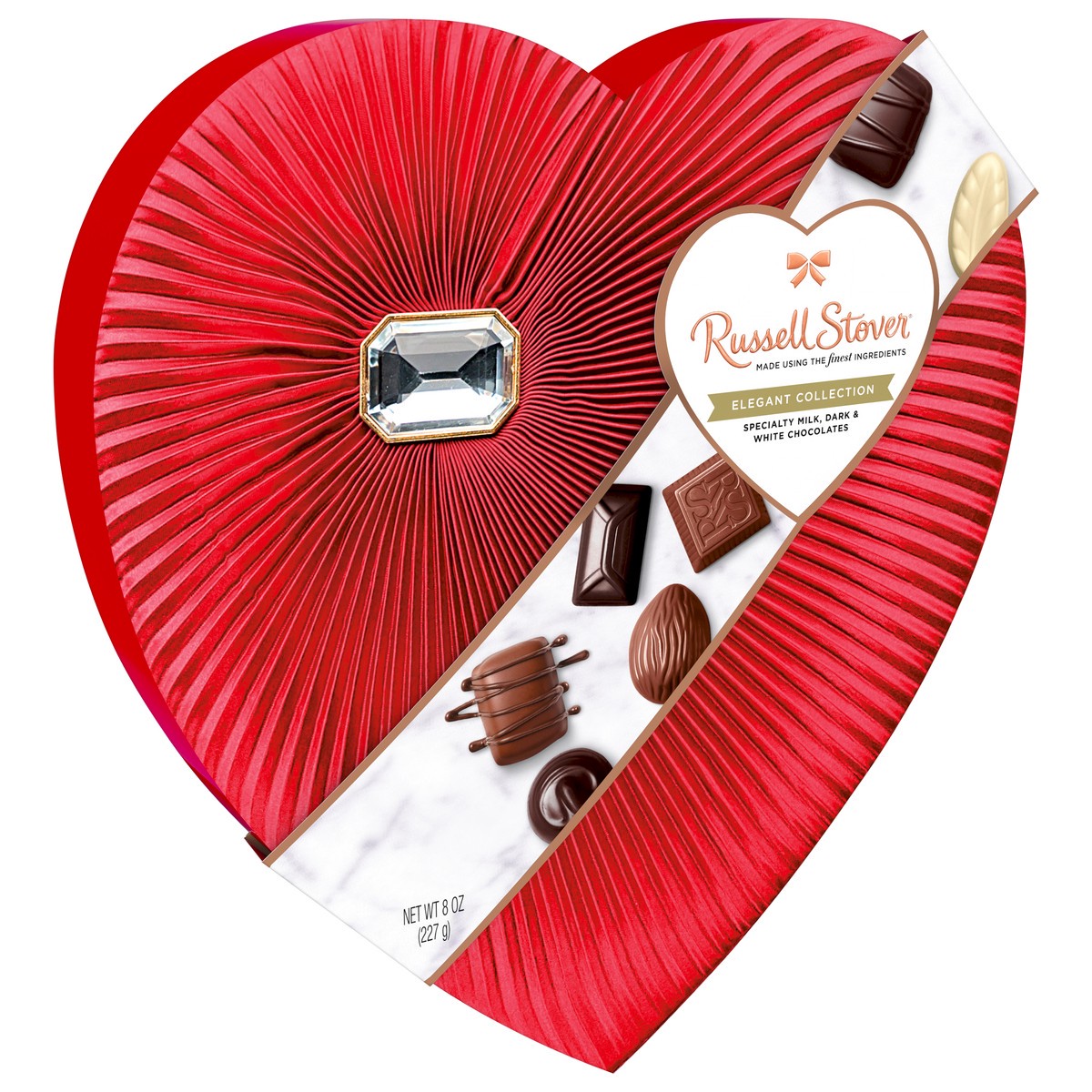 slide 3 of 8, Russell Stover Valentine's Elegant Collection Diamond Brooch Heart Specialty Millk, Dark & White Chocolate Gift Box, 8 oz. (˜ 16 pieces), 8 oz