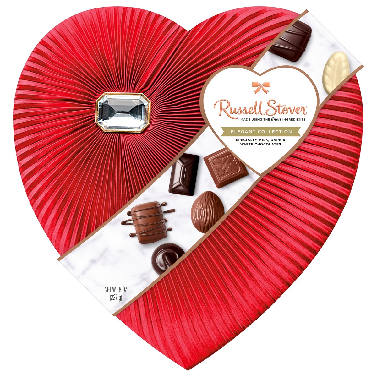 slide 1 of 8, Russell Stover Valentine's Elegant Collection Diamond Brooch Heart Specialty Millk, Dark & White Chocolate Gift Box, 8 oz. (˜ 16 pieces), 8 oz