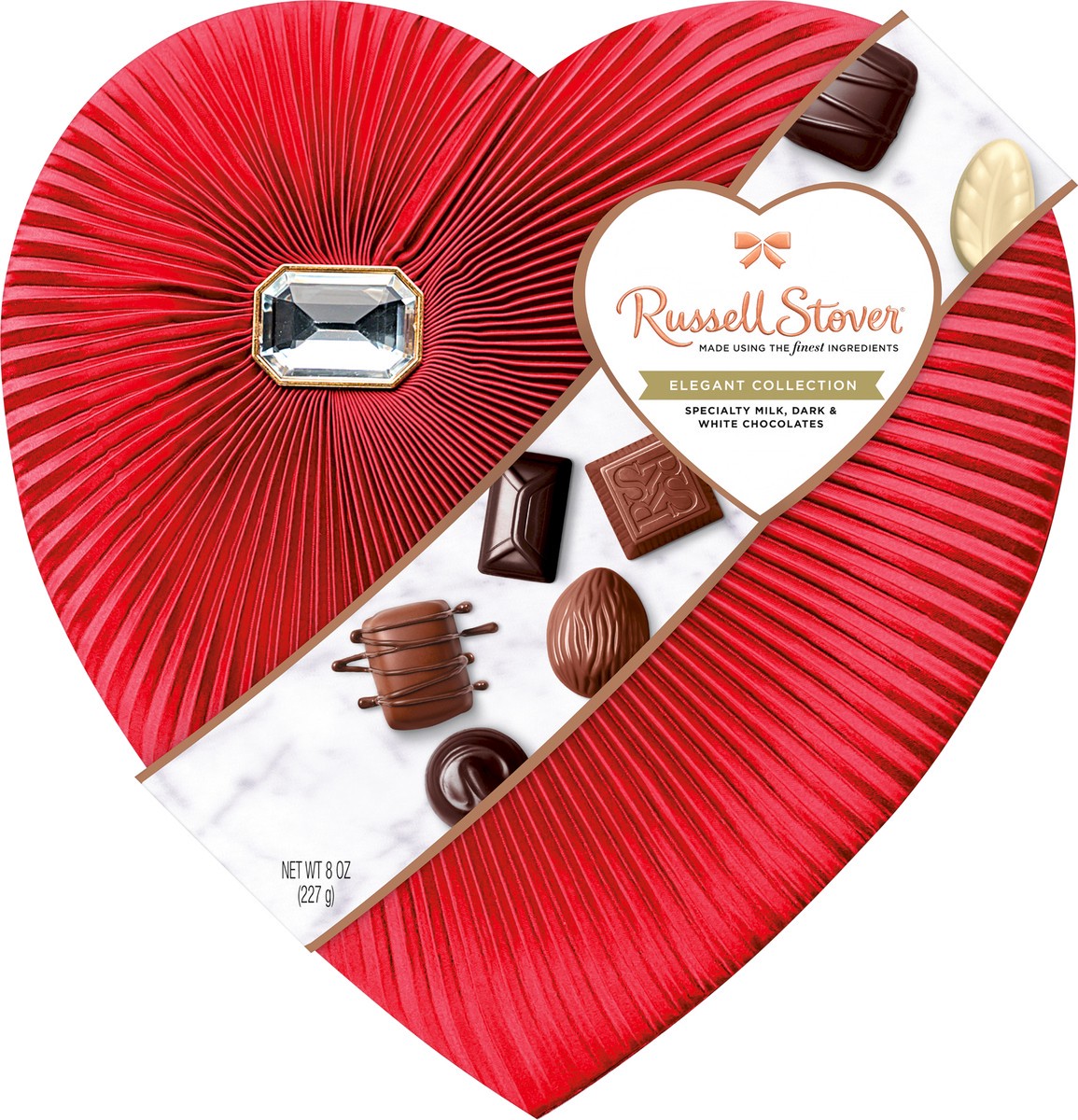 slide 7 of 8, Russell Stover Valentine's Elegant Collection Diamond Brooch Heart Specialty Millk, Dark & White Chocolate Gift Box, 8 oz. (˜ 16 pieces), 8 oz