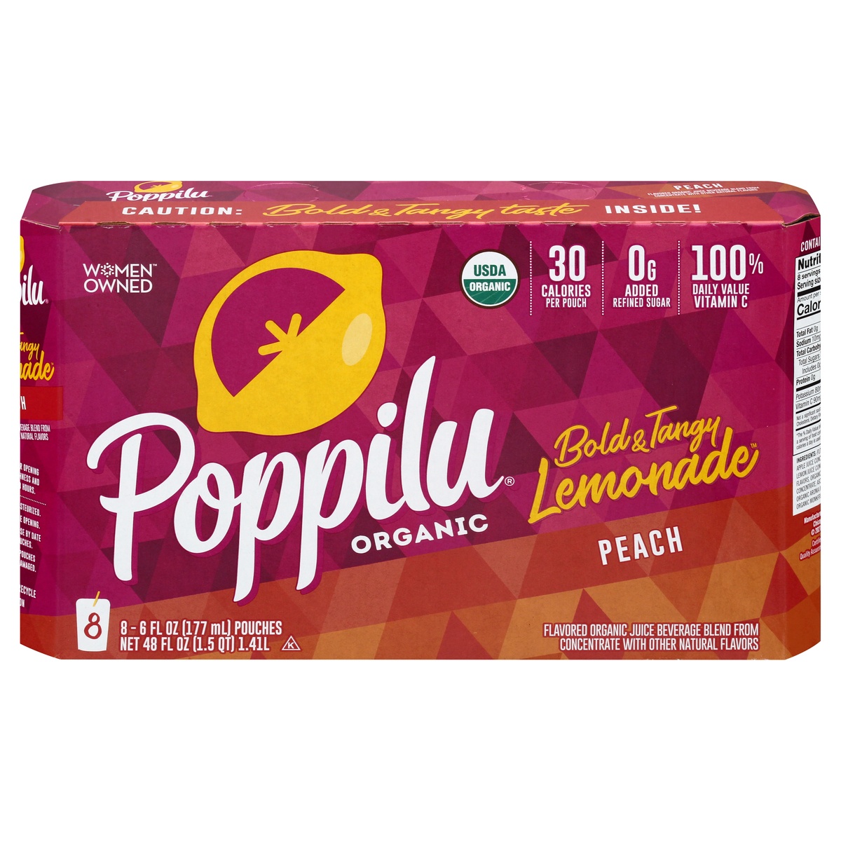 slide 1 of 11, Poppilu Bold Tangy Organic Lemonade Pouches Peach, 8 pouches  6 fl oz