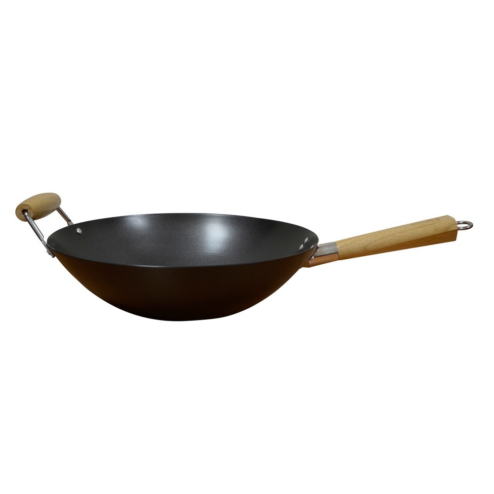 slide 3 of 6, IMUSA Carbon Steel Wok with Wooden Handle - Black, 14 in