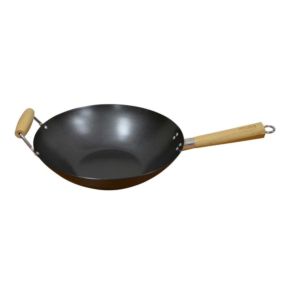 slide 4 of 6, IMUSA Carbon Steel Wok with Wooden Handle - Black, 14 in