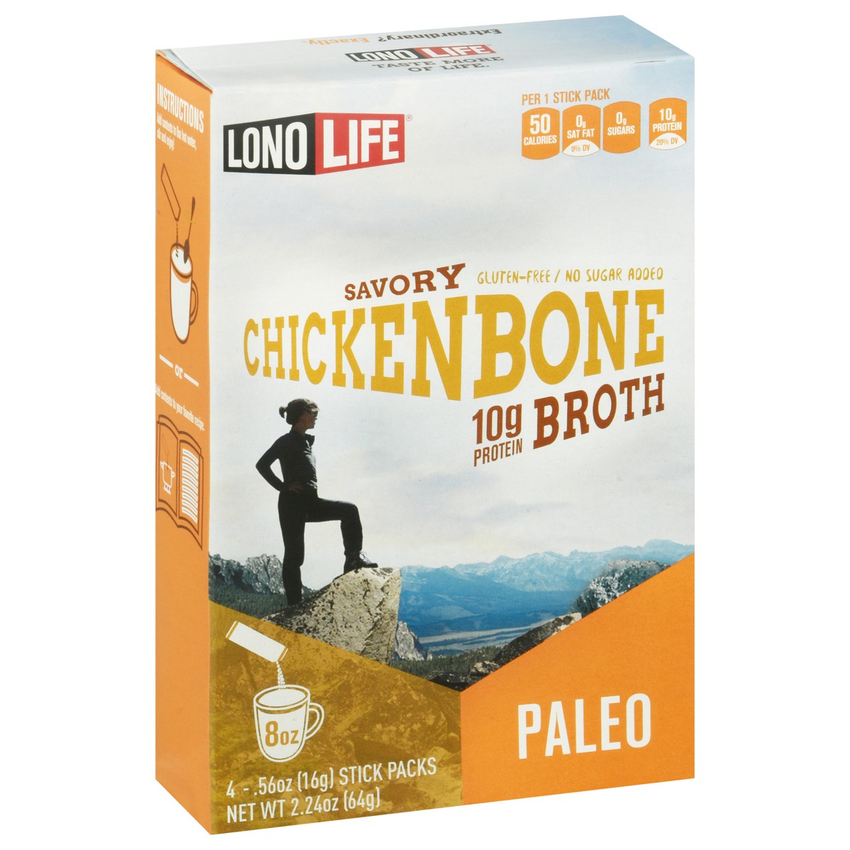 slide 2 of 9, LonoLife Paleo Savory Chicken Bone Broth 4-0.56 oz Packs, 