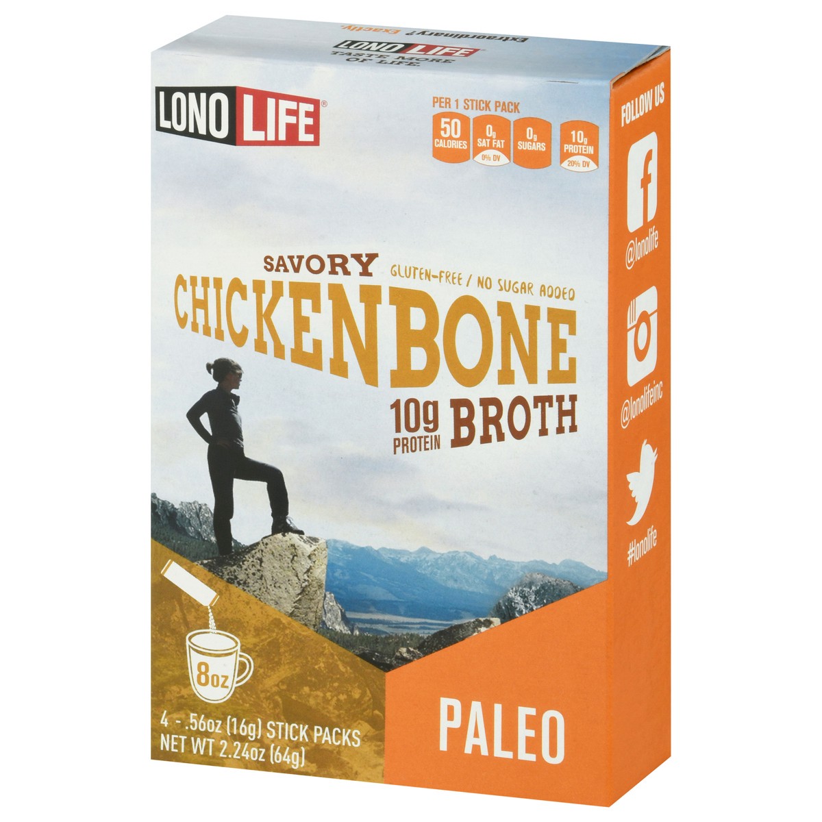 slide 3 of 9, LonoLife Paleo Savory Chicken Bone Broth 4-0.56 oz Packs, 